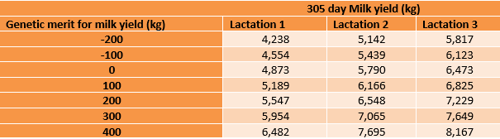 Average 305-Day Milk Yield by Genetic Merit for Milk kg